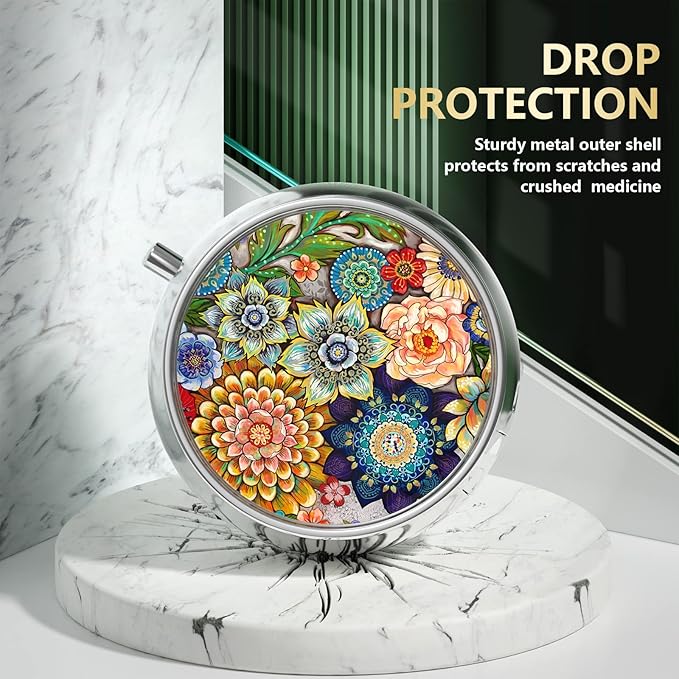 Nipichsha Pill Box, Small Pill Case for Purse & Pocket, Cute Travel Medicine Organizer, Portable Medicine Container Holder to Hold Vitamins, Medication, Fish Oil & Supplement, Mandala Flower