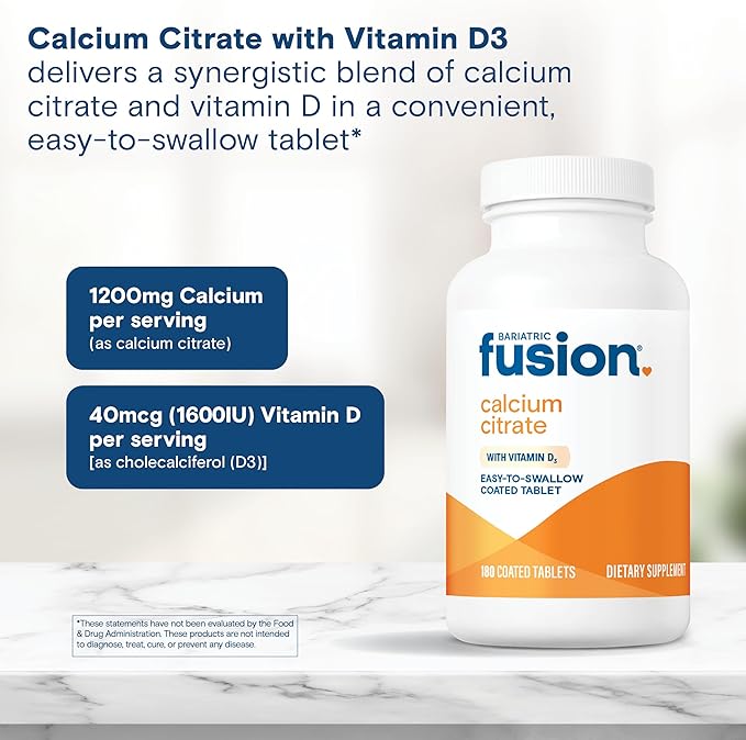 Bariatric Fusion Non Chewable Calcium Citrate with Vitamin D3 Tablet | Easy to Swallow 600 mg Calcium Supplement with Vitamin D to Increase Absorption* | 180 Tablets