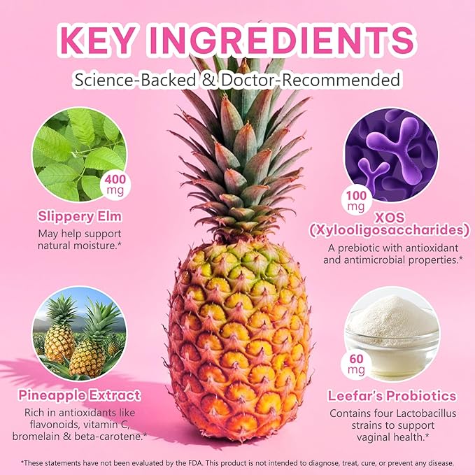 Feminine Probiotics Gummies with Slippery Elm | Pineapple Gummies for Women ph Balance, Vaginal Probiotics Supports Flora, Gut Health & Immune System, Prebiotics & Lactobacillus Blend | 60 Gummies