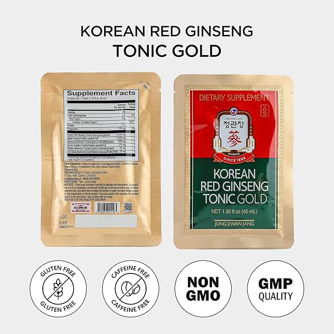 JungKwanJang Korean Red Ginseng Tonic Gold - Herbal Energy Drink with 6 Botanical Extracts - Daily Immune & Vitality Support - Vegan, Non-GMO, No Caffeine Liquid Supplements (30 Packs, 1.35 fl oz)