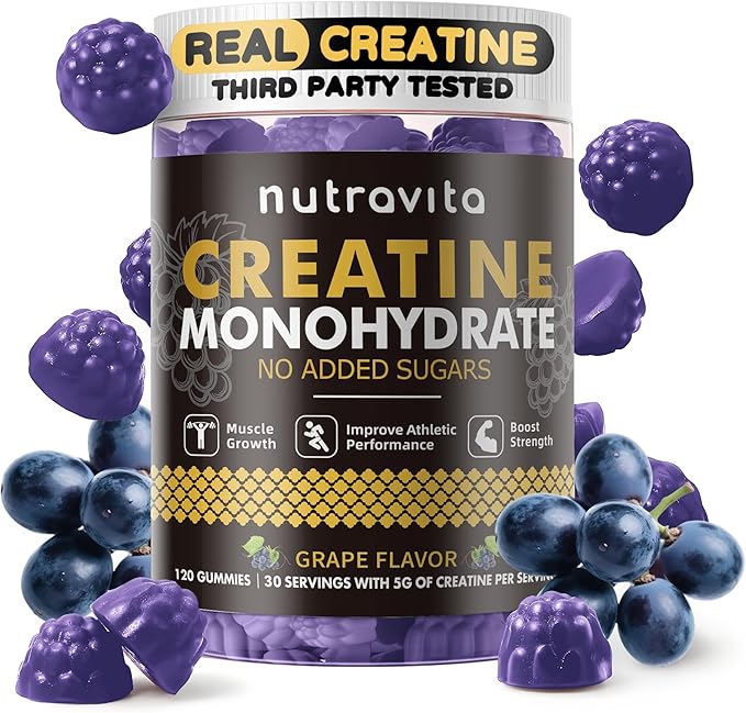 Nutravita Creatine Monohydrate Gummies for Men & Women-5g of Creatine Monohydrate per Serving - Sugar Free,Vegan, Grapes Flavor, 120 Count