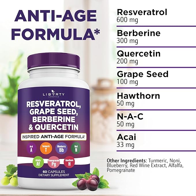 Liberty Lifestyle Resveratrol, Berberine, Grape Seed Extract, Quercetin, Polyphenol Supplement for Women and Men with Noni Extract, N-Acetyl Cysteine, Acai Extract - 2-Pack
