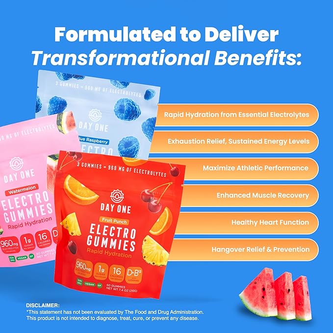 Day One Electrogummies Variety Pack - Fruit Punch, Blue Raspberry & Watermelon Electrolyte Gummies for Runner, Athlete - Hydration Gummies with Electrolytes - Alternative to Powders, Tablets 180 Count