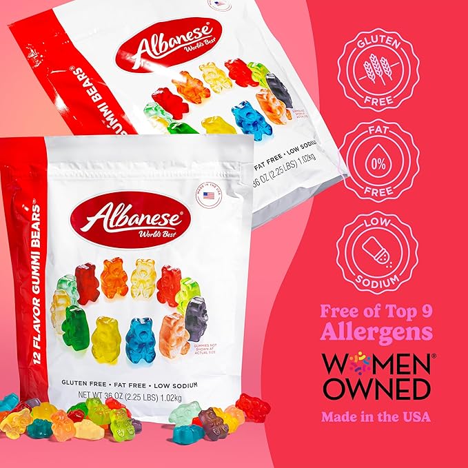 Albanese World's Best 12 Flavor Gummi Bears | 2 Pack - 36oz Bags of Candy | 12 Unique Flavors, Gluten Free, Fat Free, Soft Gummy Bears | Perfect as a Travel Snack and Sharing with Friends