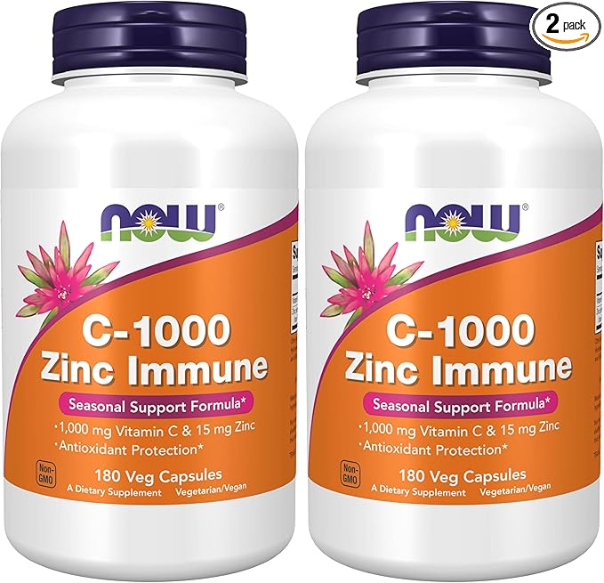 NOW Foods Supplements, C-1000 & Zinc Immune, Seasonal Support Formula*, Antioxidant Protection*, 180 Veg Capsules, (Pack of 2)