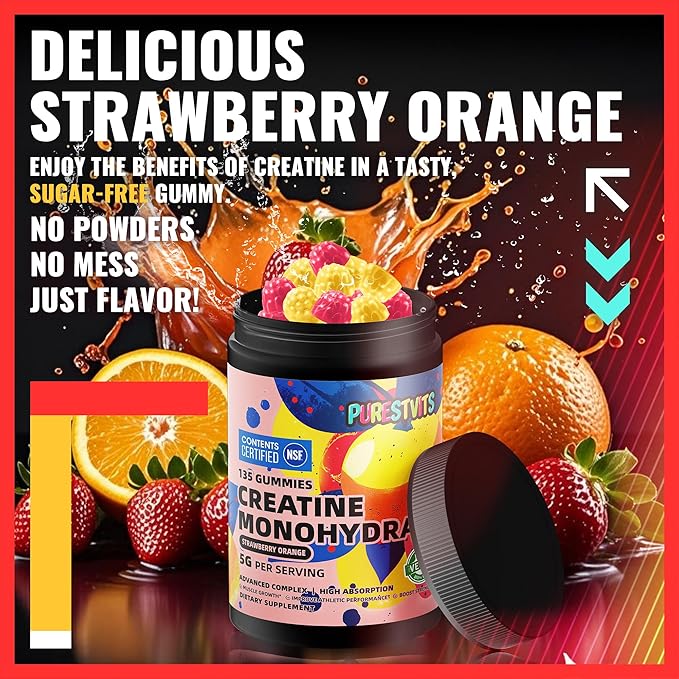 NSF Certified Creatine Gummy 5g - Creatine Monohydrate Gummies – Pre-Workout Energy & Muscle Growth Support for Men & Women | Strawberry Orange Electrolyte Gummies (135 Count)