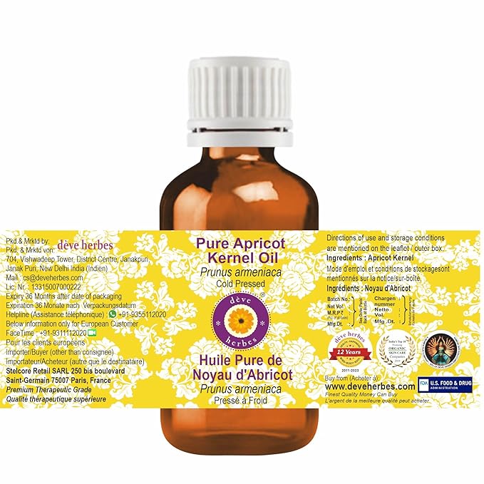 dève herbes Apricot Kernel Oil (Prunus armeniaca) | Cold Pressed | Pure | Natural | Undiluted | For Diluting Essential oils | For Skin & Massage | Non-Sticky | Lightweight | Unisex | 15ml (0.50 oz)