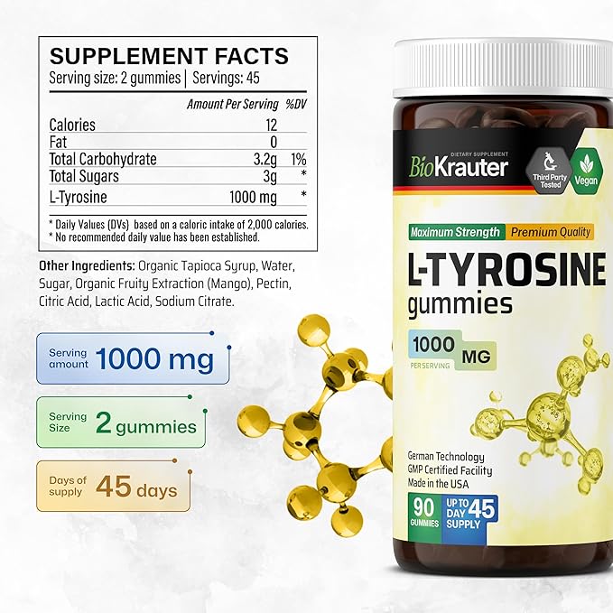 BIO KRAUTER® L Tyrosine for Mood and Cognitive Support - Supplements for Focus & Performance Support - L-tyrosine 1000 mg, 90 Mood Gummies, 45-Day Supply - Non-GMO, Mango Flavor