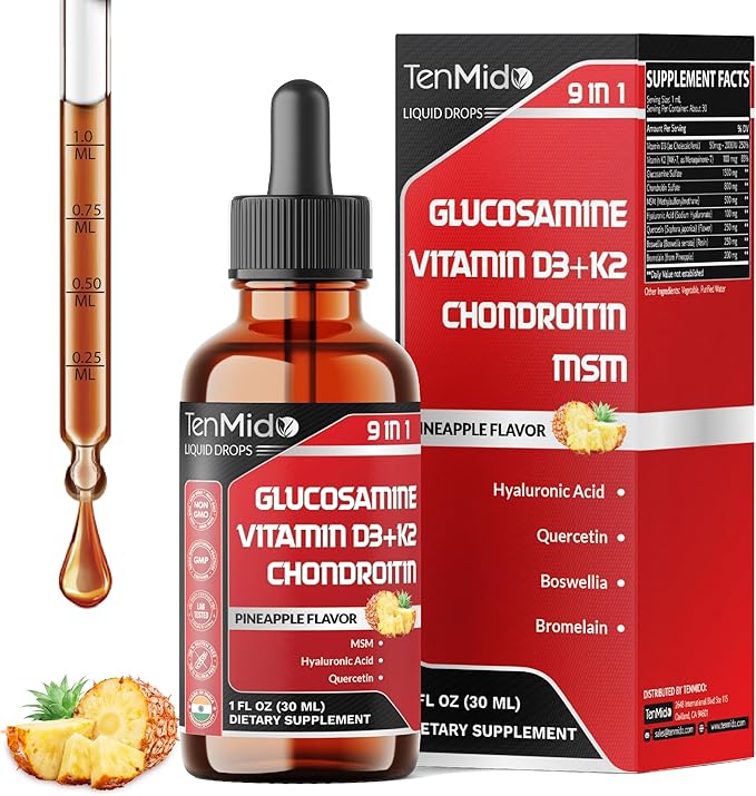 Glucosamine Chondroitin MSM Liquid Drops - 9in1 with Vitamin D3, Vitamin K2, Hyaluronic Acid, Quercetin, Boswellia, and Bromelain - Vegan, Non-GMO - 30ml 1 Fl Oz