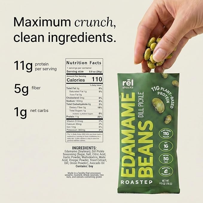 Rel Snacks Dill Pickle Roasted Edamame Beans – High Protein, Low Carb Snack (11g Protein) – Keto, Vegan, Non-GMO – Made with Avocado Oil – 10 Pack, 0.9 oz