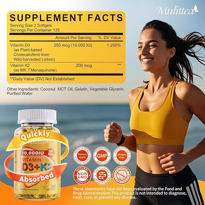 Plant-Based D3 K2 Vitamin 10000 IU w/ Virgin Coconut MCT Oil - 200 mcg MK7 Vitamin K2, Non-GMO for Ultimate Absorption - Bone, Immune & Heart Health - Easy to Swallow D & K Supplement - 250 Softgels