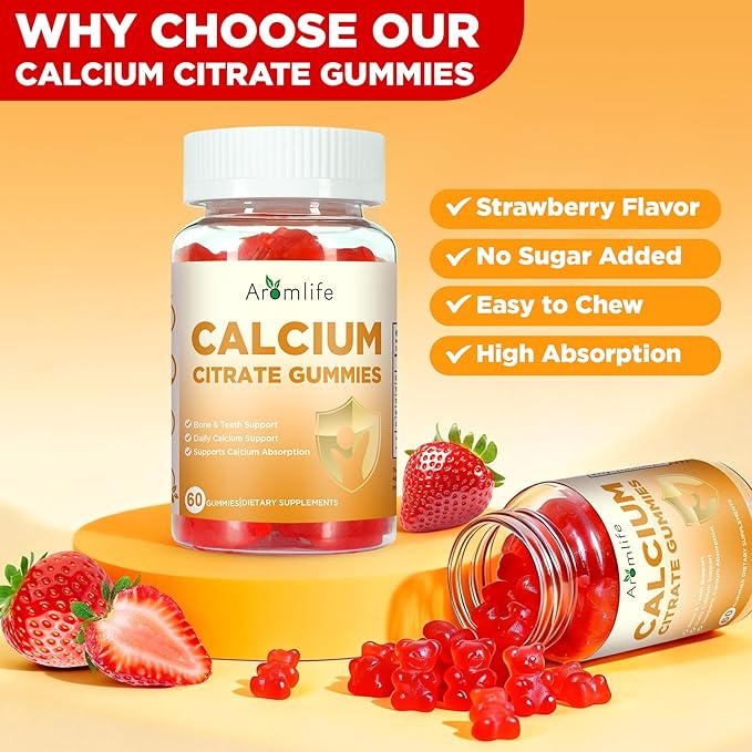 Aromlife Calcium Citrate Gummies for Bone & Teeth Support, 1000mg Per Serving, High Absorption Calcium Citrate Gummies for Women & Men, 60 Count Strawberry Flavor, Sugar Free, Vegan
