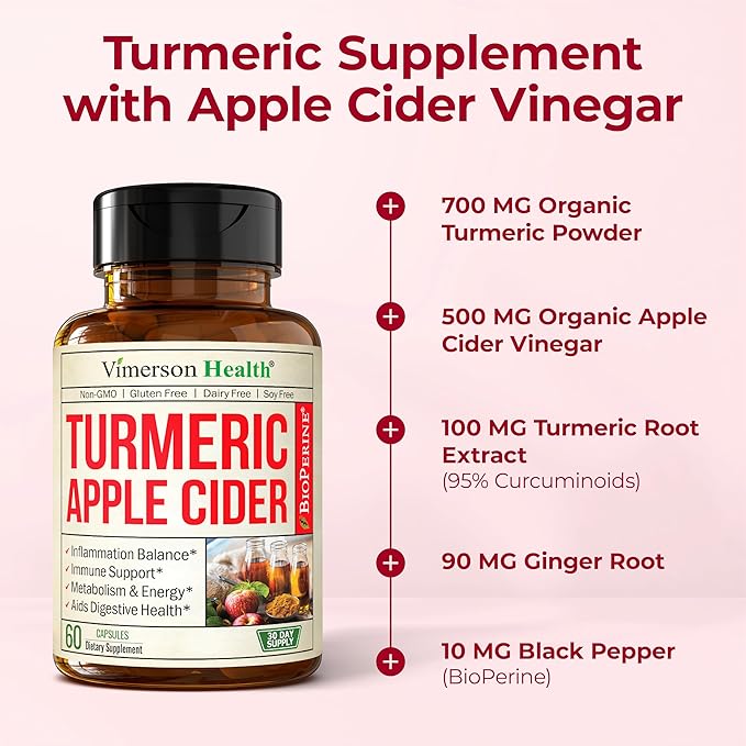 Organic Apple Cider Vinegar with Turmeric Curcumin Supplement & Ginger for Digestive Health, Metabolism, Energy & Joint Support – Organic Turmeric & Apple Cider Vinegar Capsules – 60 Vegan Non-GMO
