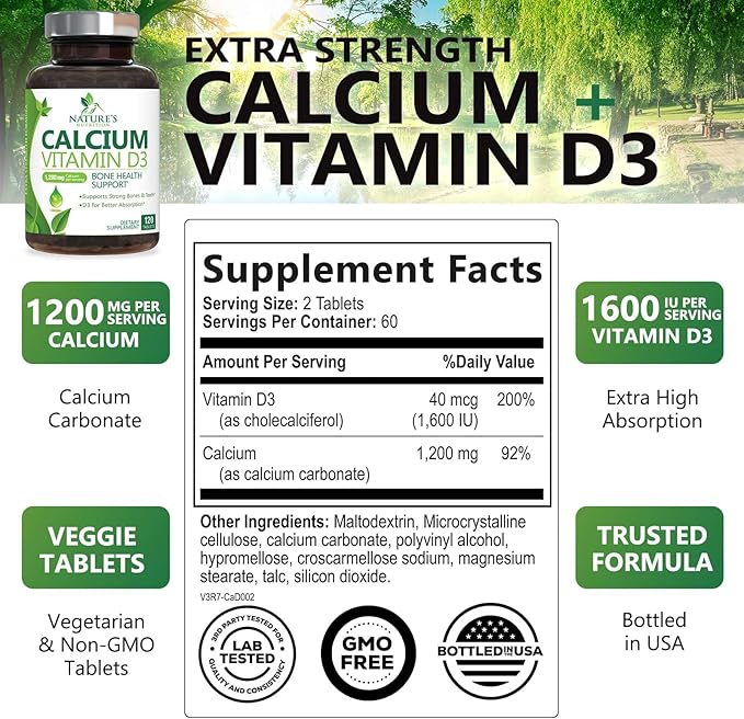 Calcium Supplement with Vitamin D3-1200 mg Calcium per Serving with D3 for Best Absorption - Supports Immune Health, Bones & Teeth - Nature's Calcium is Bottled in USA for Women & Men - 120 Tablets