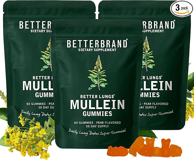 Betterbrand Mullein Chewable Gummies for Lung Cleanse and Detox, Respiratory Health Supplement, 1000mg Mullein Extract per Serving, 180 Gummies - 90 Day Supply - Pear Flavored
