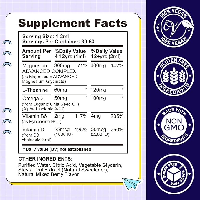 Kids Magnesium Liquid Drops-Magnesium Glycinate Liquid for Kids Supplement-w/L-theanine, Omega-3, Vitamin B6, D3 - for Sleep, Relaxation, Brain, Bones - Mixed Berry Flavor, 2 Fl Oz