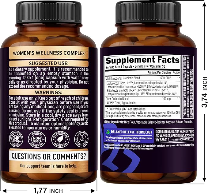 Probiotics for Women 50 Billion CFU - Vaginal Probiotics Clinically Proven for Yeast & pH Balance - Digestion & Bloating Relief - 8 Strains + Prebiotics - Delay Release - Made in USA, 30 Capsules