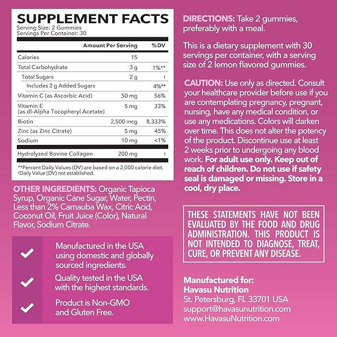 Collagen Gummies for Women and Men with 2500mcg Biotin, Zinc, Vitamin C & E - Hydrolyzed Collagen Gummies for Hair, Skin & Nail Support - Biotin and Collagen Gummies - Lemon Flavor - 30 Servings