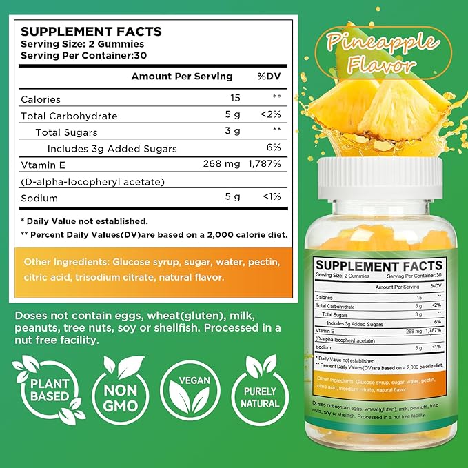 Laicuherb Vitamin E Gummies for Skin & Immune, Pineapple Flavor 268mg Per Serving Vitamin E 400 IU Gummies for Adults, 60 Count Sugar-Free Gluten-Free Vegan Gummy for Daily Wellness