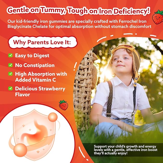 Iron Gummies for Kids & Teens, Kids Multivitamin with Iron Supplement, Calcium, Folate, Zinc, Prebiotic - for Blood Builder & Energy Support, Iron Deficiency - Vegan & Non-GMO - 60 Count Strawberry