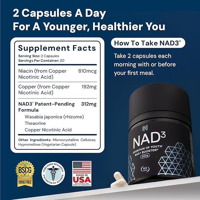 HPN NAD3 Clinical NAD+ Booster, Cellular Health & Natural Energy - NAD Supplement for Healthy Aging, Metabolic Support, NRF2 & Longevity, Nicotinamide Riboside & NMN Alternative, 60ct, 30-Day Supply