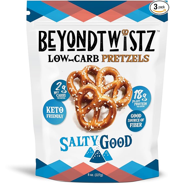 BeyondTwistz Low Carb Pretzels, Salty Good, Keto Friendly, 2g Net Carbs, 18g Protein, Powered By HealthSense® High Fiber Wheat Flour, Family Size 8oz Bag, Pack of 3