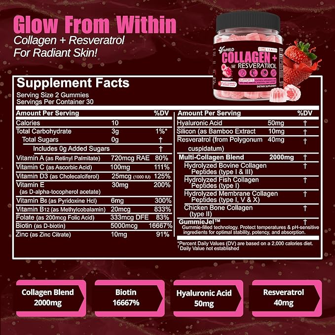 Multi Collagen Gummies Hydrolyzed Type I, II, III, V, X Plus Resveratrol Hyaluronic Acid & Biotin Gummies for Hair Skin and Nails Vitamins | Multi Collagen Peptides | Sugar Free