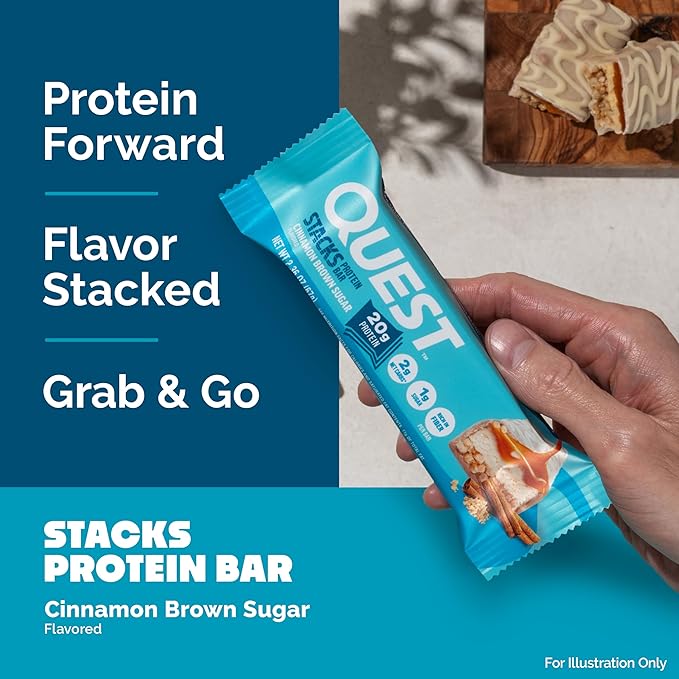 Quest Nutrition Stacks Protein Bars, Cinnamon Brown Sugar, 20g Protein, 2g Net Carbs, 1g Sugar, High Fiber, Low Sugar, Gluten Free, 4 Count