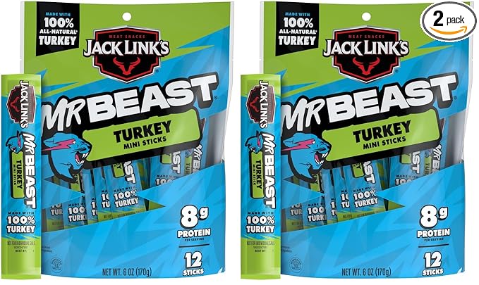 Jack Link’s x MrBeast Turkey Mini Sticks,As Seen on Beast Games,8g Protein,Made with 100% All Natural Turkey,Zero Sugar,Pantry-Ready Snacks,(Pack of 24)