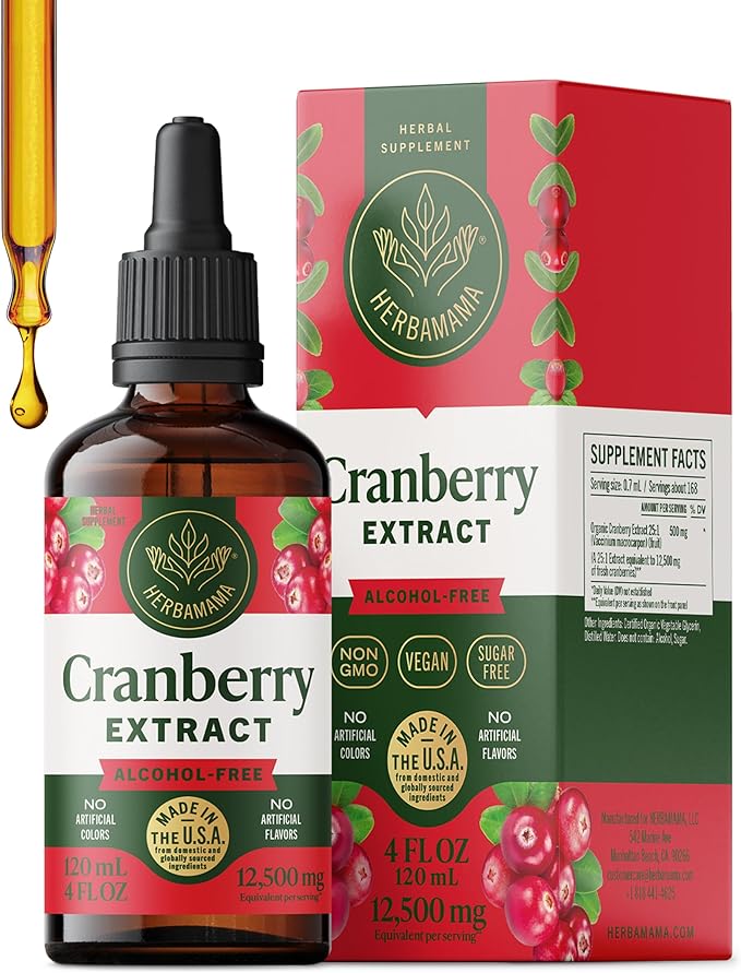 HERBAMAMA Cranberry Supplement Tincture - Vegan Urinary Tract Support for Men and Women with Cranberry Extract - Non-GMO, Alcohol & Sugar-Free Kidney Support Supplement, 84-Day Supply