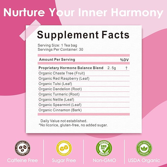 UBEEKOO Hormone Balance Tea for Women, Organic Herbal Tea with Red Raspberry Leaf, Tulsi, Spearmint, Nettle for PMS & PCOS Supplements, Caffeine-Free Female Hormone Loose Leaf Tea, 30 Tea Bags