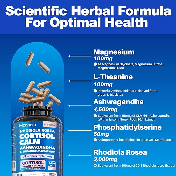 Cortisol Balance & Sleep Support for Women & Men – Natural Calm Formula with Magnesium, Ashwagandha & L-Theanine – Supports Restful Sleep, Relaxation, Focus & Healthy Cortisol Levels – 120 Capsules
