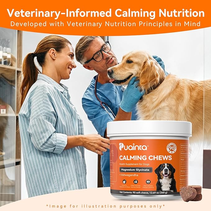 Dog Calming Chews – Magnesium Glycinate & Melatonin for Dogs, 4 Herbal Ingredients for Anxiety Relief, Stress & Travel Support, Chicken Flavor (90 Count)