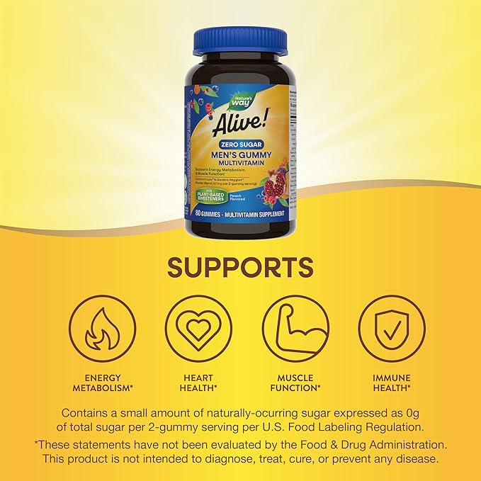 Nature’s Way Alive! Zero Sugar Men's Gummy Multivitamins, Energy Metabolism*, Muscle Function*, B-Vitamins, No Sugar Alcohols, Plant-Based Sweeteners, Peach Flavored, 80 Gummies