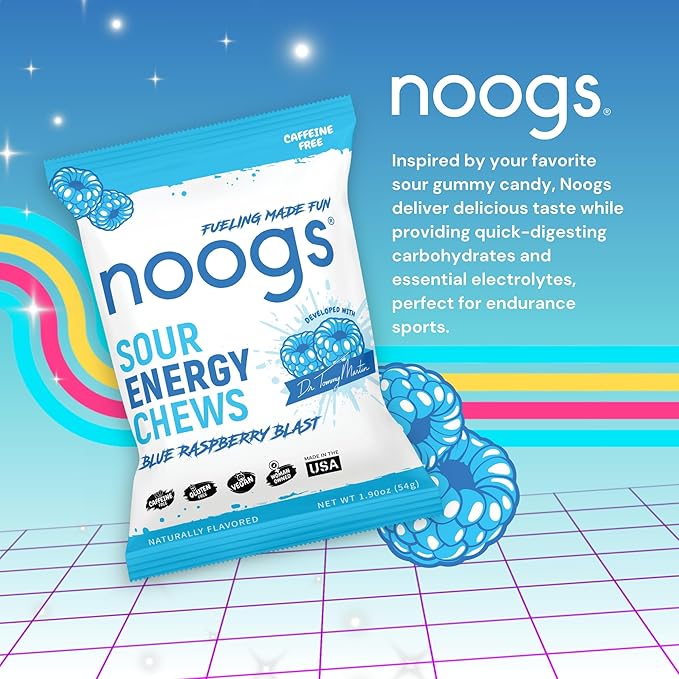 Noogs Sour Energy Chews, Blue Raspberry Blast Electrolyte Energy Gummies, Sour Candy Flavored Alternative to Running Gels, Vegan, Gluten Free & Caffeine Free, 12 Pack