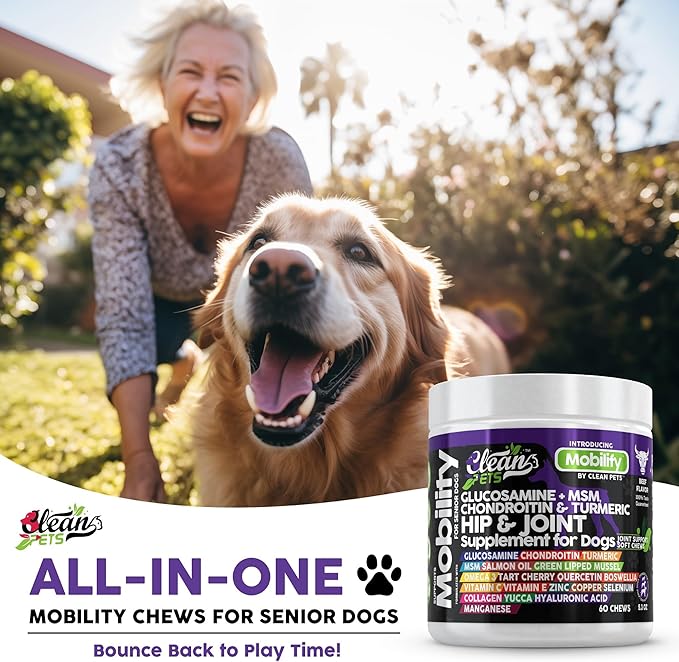 Clean Pets Hip and Joint Supplement Dogs with Glucosamine for Dogs + Chondroitin, Turmeric, Hyaluronic Acid, MSM, Salmon Oil, Collagen, Vitamin C, Omega 3 Senior Dog Supplements Beef Flavor - 1Pack