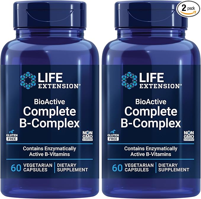 Life Extension Bioactive Complete B-Complex, Heart, Brain and Nerve Support, Healthy Energy, Metabolism, Complete B Complex, 60 Vegetarian Capsules (Pack of 2)