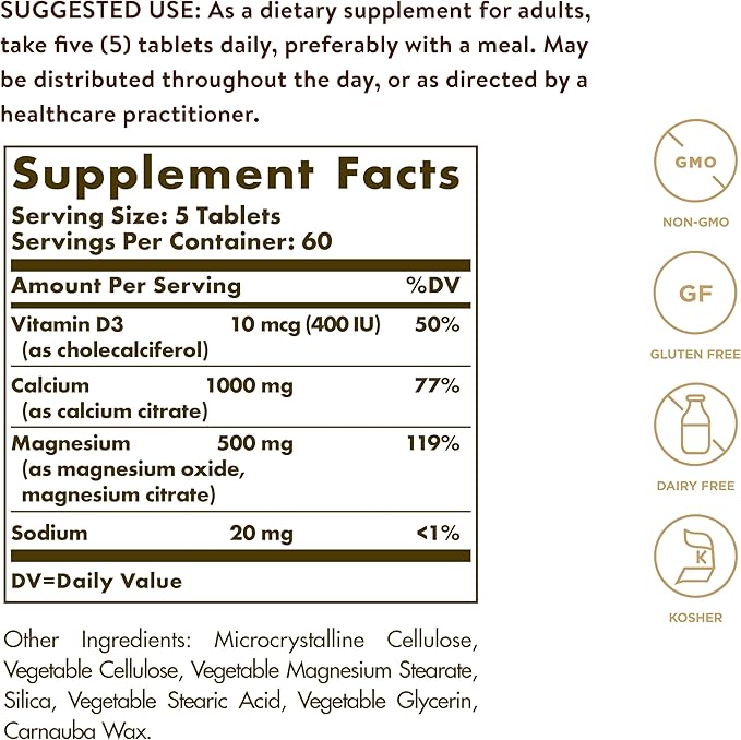 Solgar Calcium Magnesium with Vitamin D3, 300 Tablets - Promotes Healthy Bones, Supports Nerve & Muscle Function - Highly Absorbable Form - Non-GMO and Gluten Free - 60 Servings, (Pack of 2)