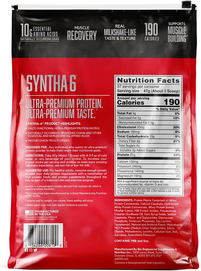 BSN SYNTHA-6 Whey Protein Powder, Micellar Casein, Milk Protein Isolate Powder, Vanilla Ice Cream, 97 Servings (Package May Vary)