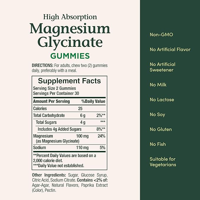 Nature’s Bounty High Absorption Magnesium Glycinate Gummies, 100 mg Magnesium Per Serving, Whole Body Health, No Stick Gummy, Peach Mango Flavor – Vegetarian & Gluten Free – 60 Count/30 Servings