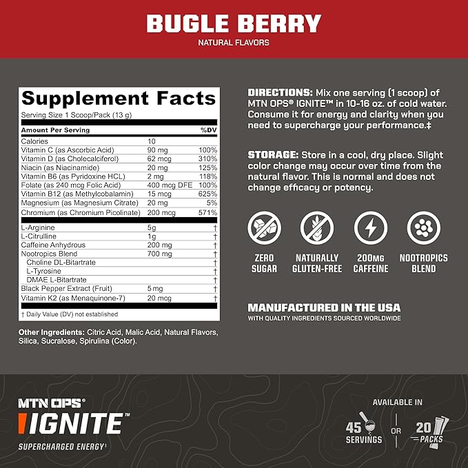 MTN OPS Ignite Sugar Free Energy Drink Powder with 200mg Caffeine, Nootropic Blend for Energy, Focus & Endurance, L Arginine & L Citrulline Pre Workout, 45 Servings, Bugle Berry