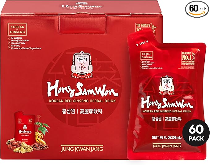 JUNG KWAN JANG US HongSamWon - Korean Red Ginseng Tea, Pre and Post Workout Herbal Energy Drink with Jujube, Cinnamon Ginger & Goji Berry - Caffeine Free, Non-GMO (60 Pouches, 1.69 fl oz)