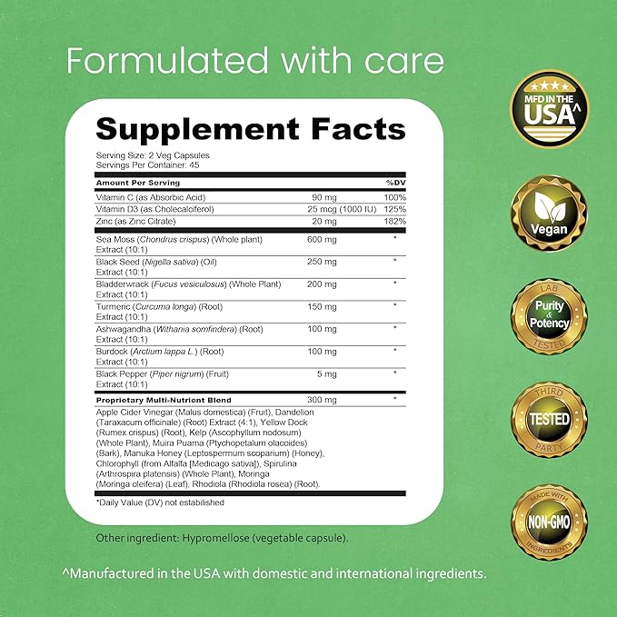 Sea Moss, Black Seed Oil, Bladderwrack, Turmeric, Ashwagandha, Burdock, Vitamin C, D3, Yellow Dock Root, Manuka, Dandelion - 90 Veggie caps