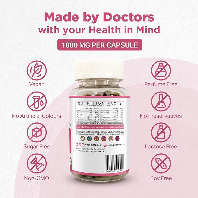 Strength & Spices Hormone Balance 100% Natural Estrogen Supplement – 12 Ingredients w Dong Quai - 60 Vegan UK Made 1000mg Capsules – Fertility and Menstrual Comfort