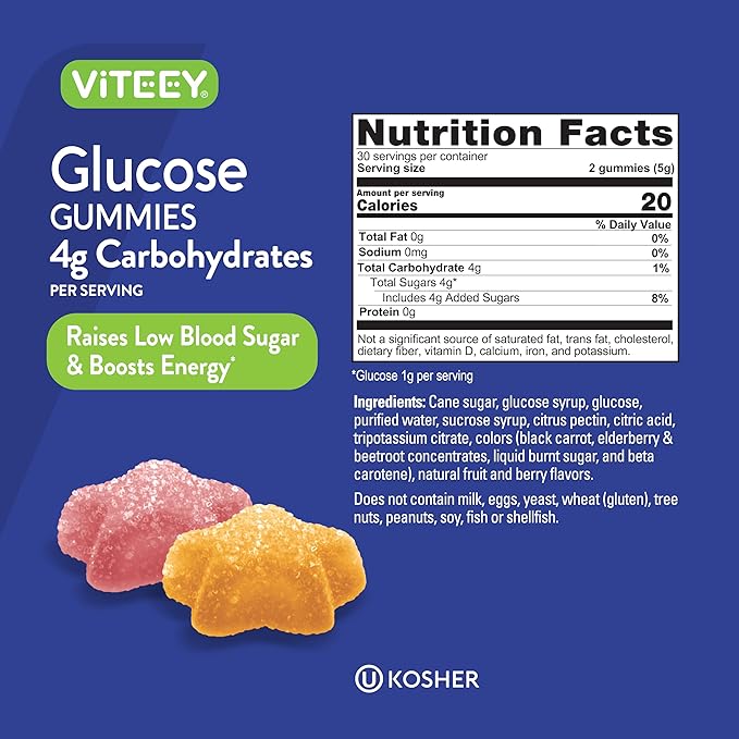 Viteey Glucose Gummies - 4g of Carbohydrates - Fast Acting Alternative to Glucose Tablets - Energy and Blood Sugar Support - Vegan, Gluten Free, Gelatin Free - 120 Count