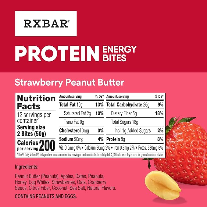RXBAR Protein Energy Bites, Gluten Free Protein Balls, Strawberry Peanut Butter, 21.1oz Box (24 Bites) 