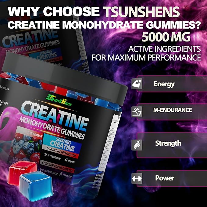Creatine Monohydrate Gummies 5g (5000mg), Sugar-Free Creatine, Pre-Workout Energy, Veg, Non-GMO, for Men & Women - 120 Count Cherry Flavor with Blueberry Flavor