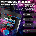 Creatine Monohydrate Gummies 5g (5000mg), Sugar-Free Creatine, Pre-Workout Energy, Veg, Non-GMO, for Men & Women - 120 Count Cherry Flavor with Blueberry Flavor