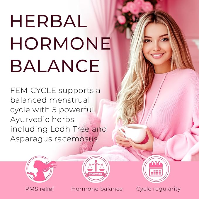 FEMICYCLE Herbal Supplement for Women – PMS, Hormonal & Menstrual Cycle Support – Lodh Tree, Ashoka, Asparagus, Licorice & Turmeric – Period Wellness Formula – 120 Vegan Capsules