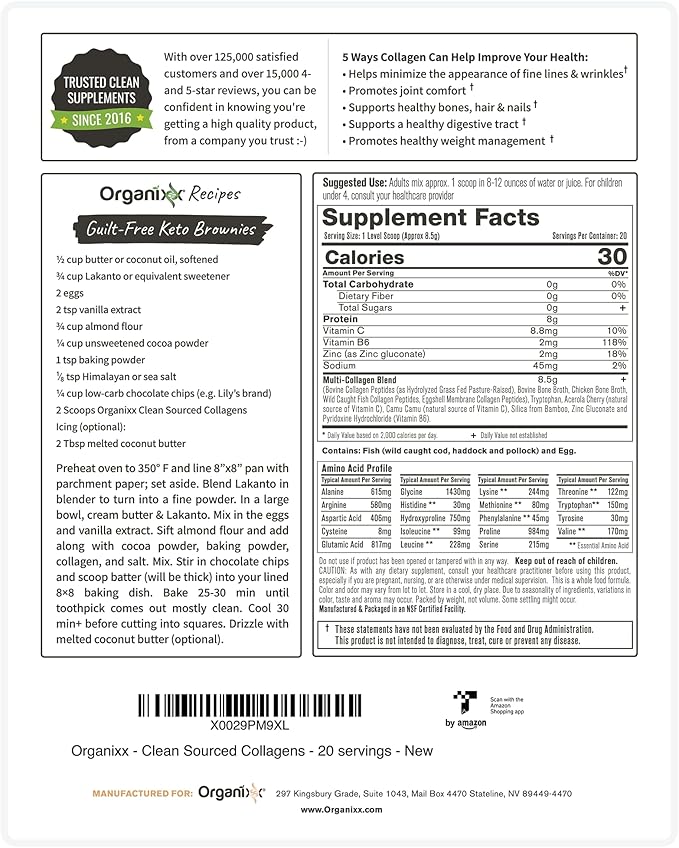 Organixx Clean Sourced Collagen Peptides Powder with Vitamin C, Types I, II, III, V, X Hydrolyzed Collagen, Hair, Nail, Skin, Bone & Joint Health, Aging Support, Gluten Free, Unflavored, 20 Servings